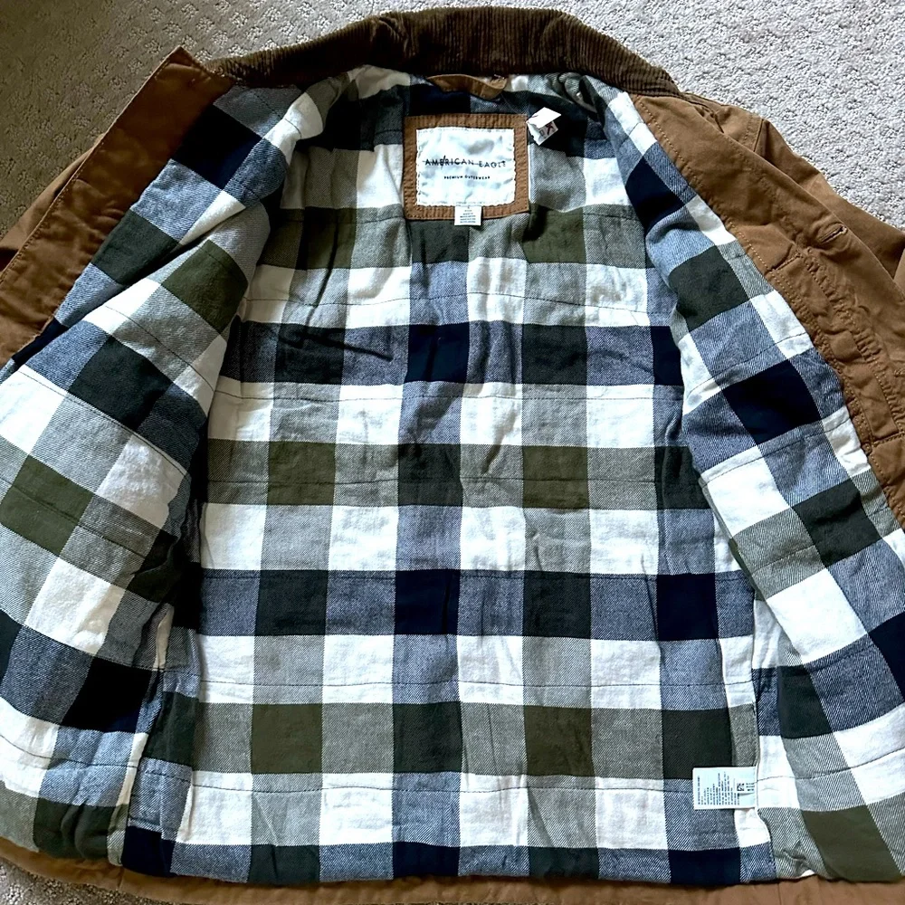 NEW American eagle brown canvas chore jacket flannel lined corduroy collar small